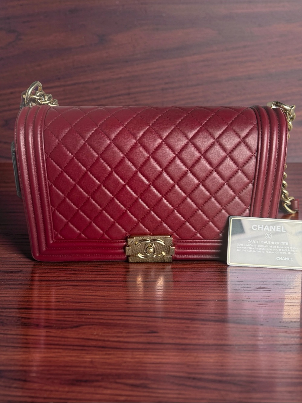 CHANEL Burgundy Lambskin Quilted Boy Shoulder Bag with Gold Hardware